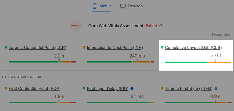 Core Web Vitals display in PageSpeed Insights showing the website is failing.
