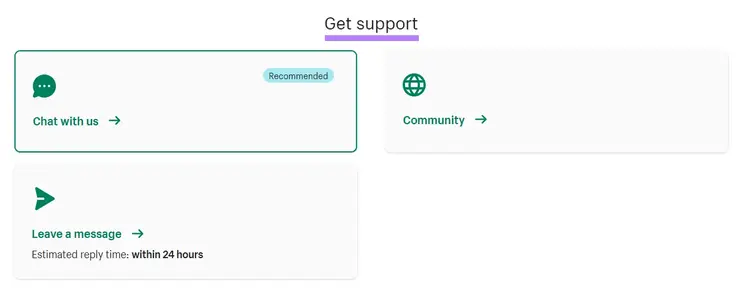 Shopify support page with chat, community, and messaging options