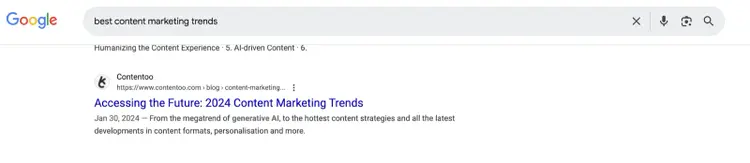 Google search result for best content marketing trends showing Contently article
