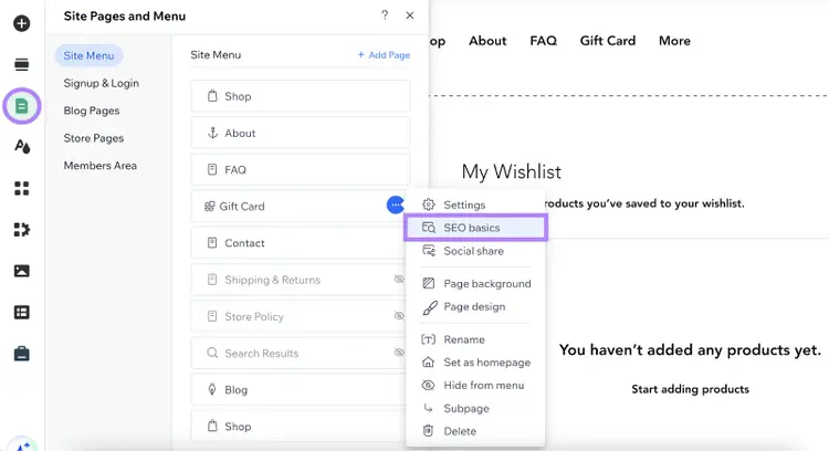Wix Site Pages and Menu panel showing page list with Settings dropdown menu and SEO basics option highlighted
