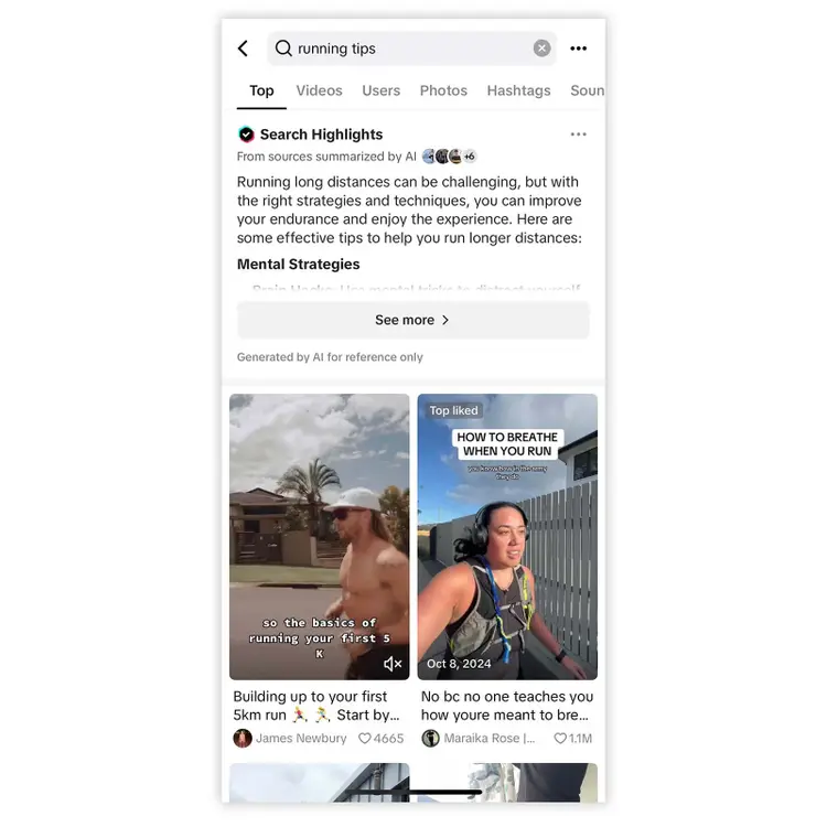 TikTok shows AI-highlighted tips on long-distance running along with popular short videos featuring advice and commentary.