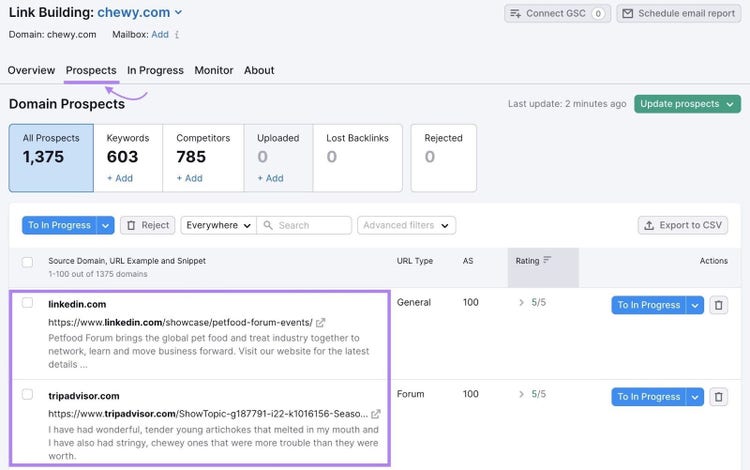 “Prospects” tab in Link Building Tool provides you a list of websites you can contact for backlinks