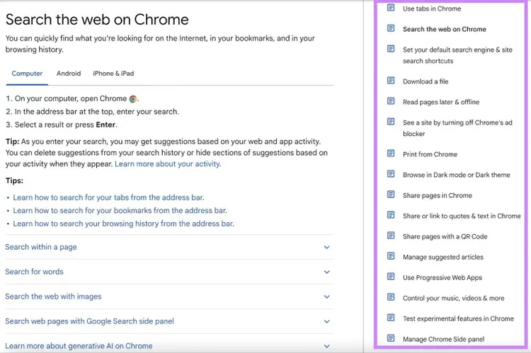 "Search the web on Chrome" page on Google with FAQs in the right-hand sidebar navigation