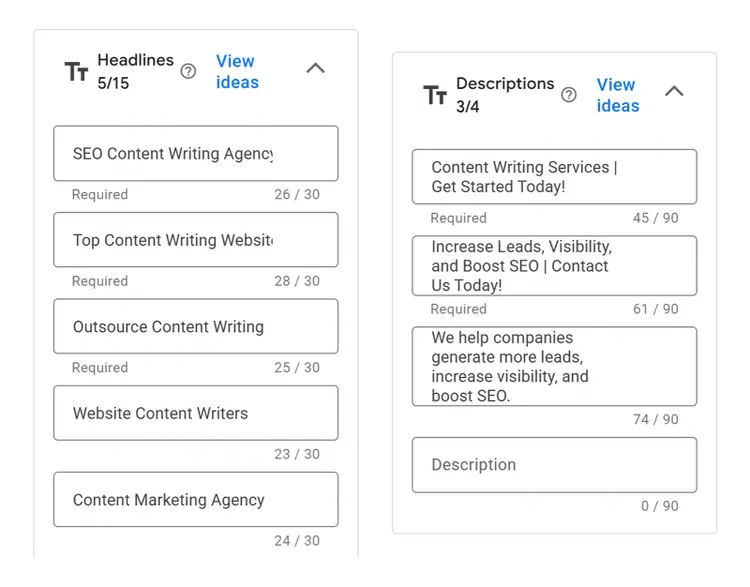 Google Ads editor showing headline and description fields for responsive search ads