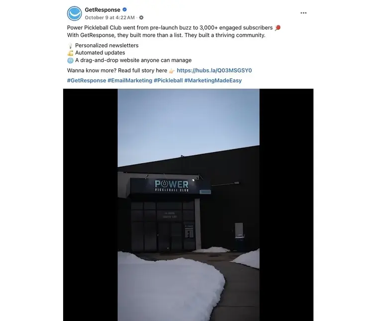 A video on Facebook by GetResponse showcasing a case study with a business that had success with their product.