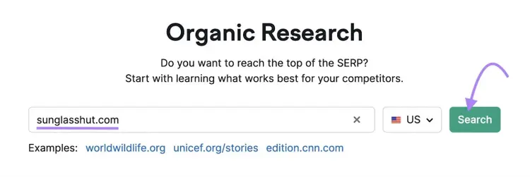 Organic Rankings search bar with "sunglasshut.com" entered into it.