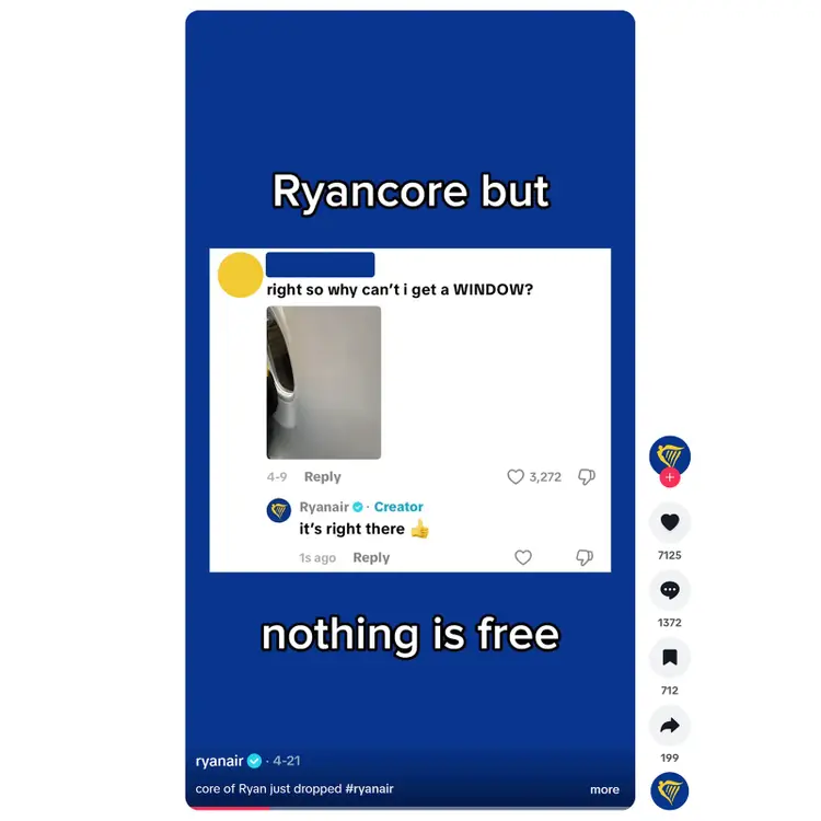 Ryanair TikTok post using humor and customer replies to drive engagement on social media
