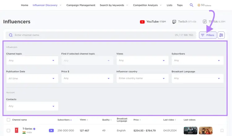 Influencer filters in Influencer Analytics tool