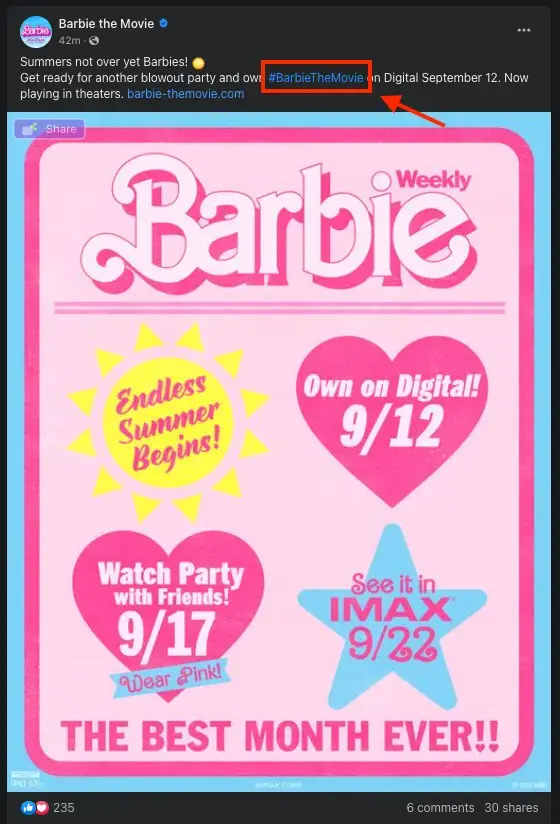 Barbie the Movie Facebook post promoting digital release 9/12