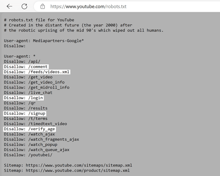 youtube's robots.txt file disallows indexing /login, /signup, /verify_age, and more pages