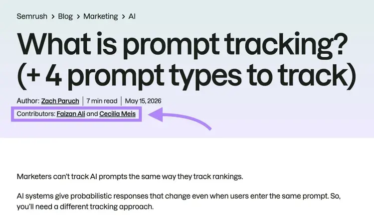 A blog post by Semrush with the "Contributors" in the byline section highlighted.