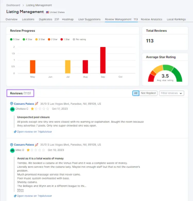 Reviews section in Listing Management for Ceaser’s Palace in Las Vegas