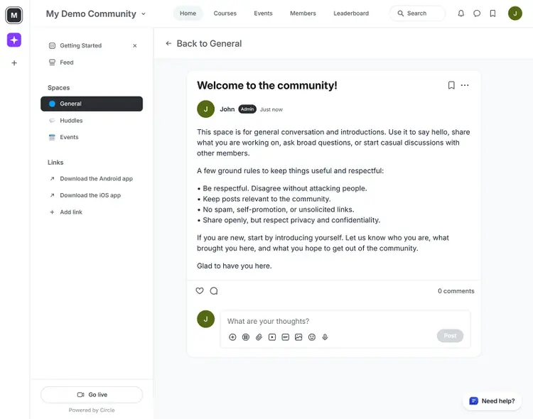 Circle community platform showing a welcome post inside a general discussion space.