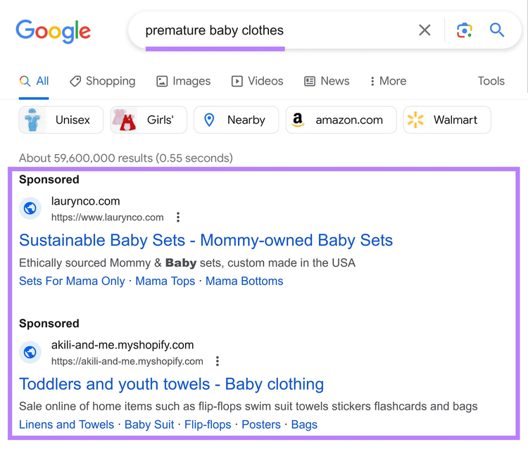 an example of Google search results for “premature baby clothes” showing sponsored results