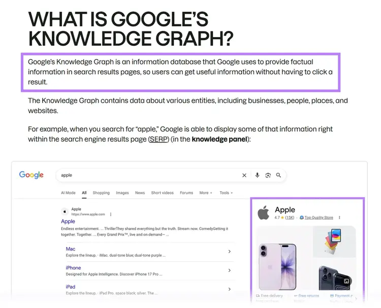 Blog post section explaining Google’s Knowledge Graph with example Apple search results and knowledge panel
