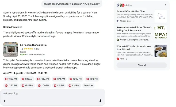 Entering reservation details into AI Mode pulls up options to book.