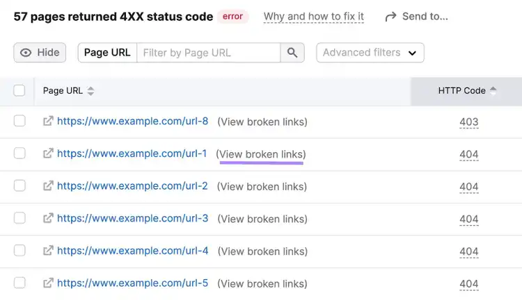 “(View broken links)” highlighted next to a page URL leading to a 404 error from the list