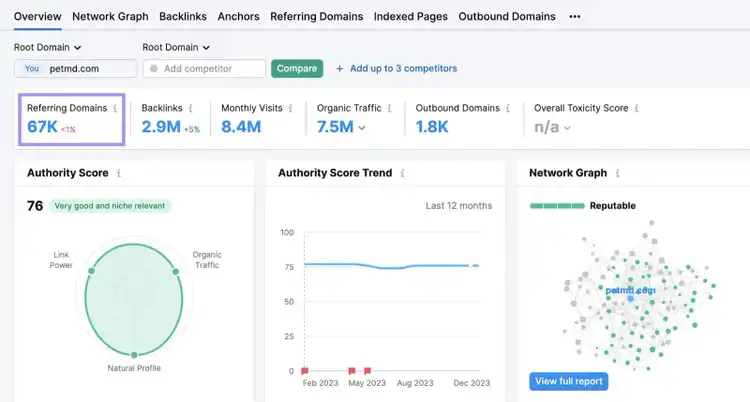 "Referring Domains" box highlighted in the Backlinks overview dashboard