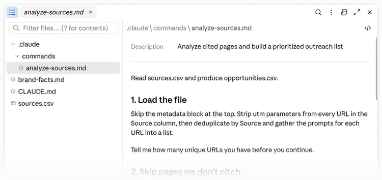 Claude Code project showing analyze-sources.md alongside brand facts, project instructions, and source data files