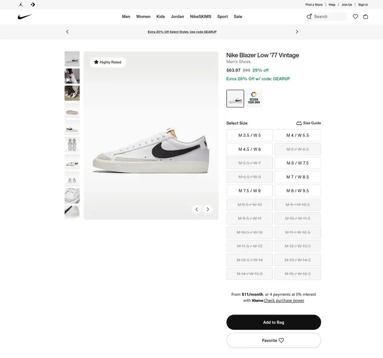 Nike Blazer Low ’77 Vintage product page with sale price, size selector, and Add to Bag