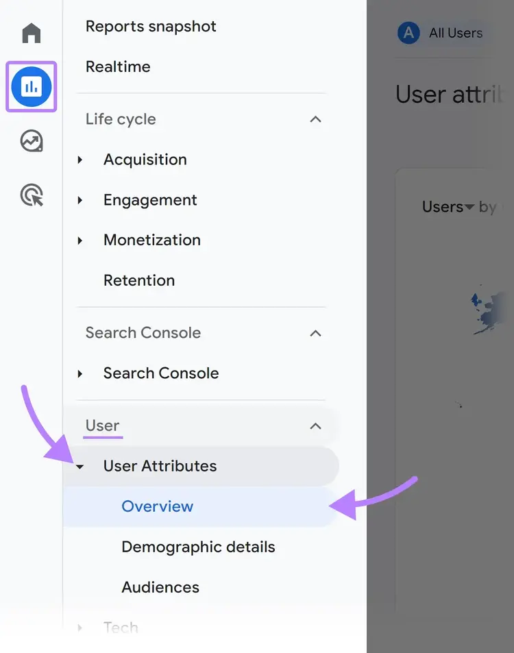 Navigating to “User Attributes” "Overview" in GA4 menu
