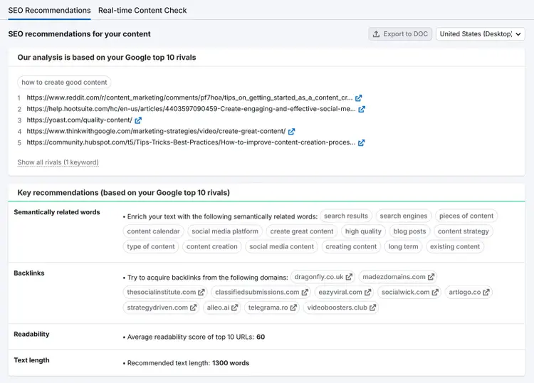 SEO content template showing recommendations like related keywords, backlinks, readability score, and word count targets.