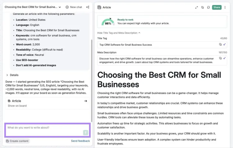 Content generated on the AI Article Generator with the chat box on the bottom-left highlighted.