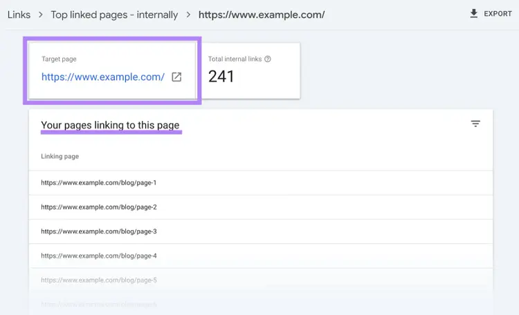 Specific link data showing "https://www.example.com" has 241 internal links