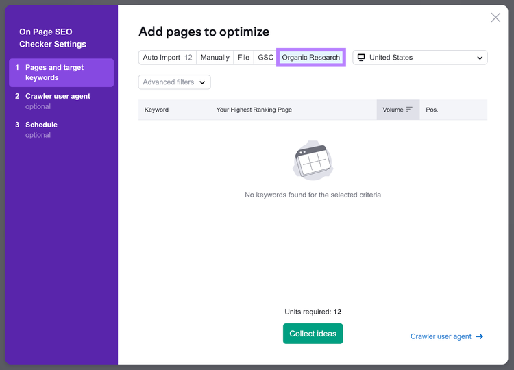 On Page SEO Checker Settings popup with Organic Rankings tab highlighted