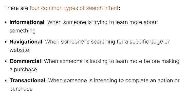Bullet point list section of a Semrush article showing the four common types of search intent.