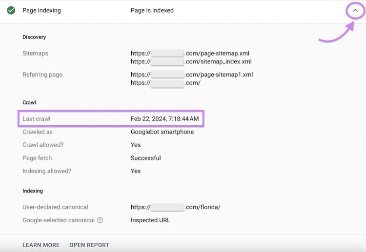 “Page indexing” drop-down menu showing when Google crawled the page