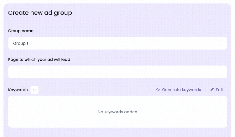 Create new ad group form in Semrush Advertising toolkit