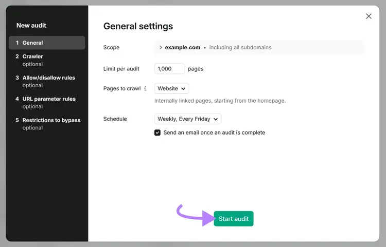 Semrush Site Audit setup with crawl scope, page limit, weekly schedule, and Start audit button