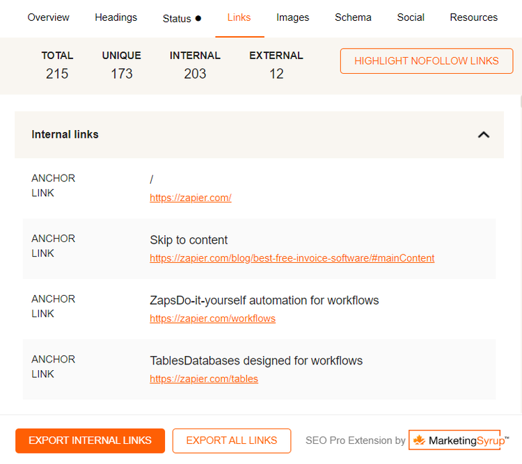 SEO Pro Extension Links tab: 215 total, 173 unique, 203 internal, 12 external