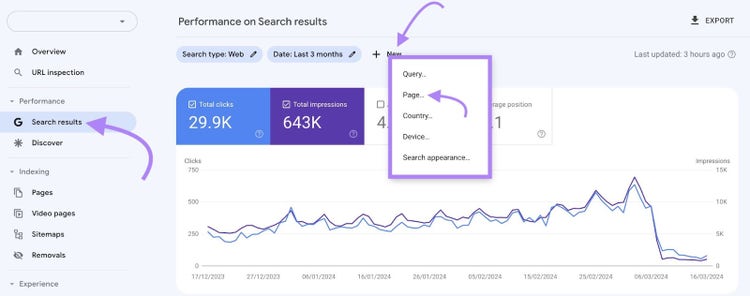 Screenshot: Google Search Console Performance filter showing page URL entry with hash symbol