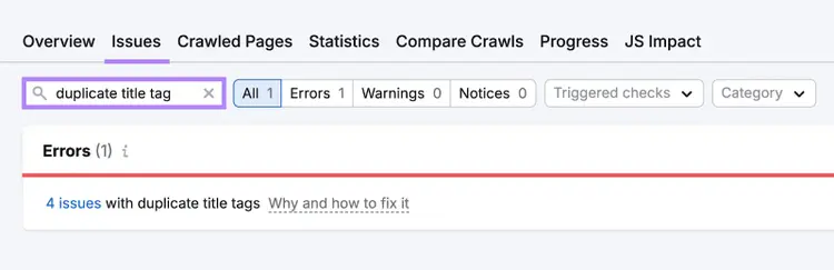Semrush Site Audit Issues tab showing 4 issues with duplicate title tags found