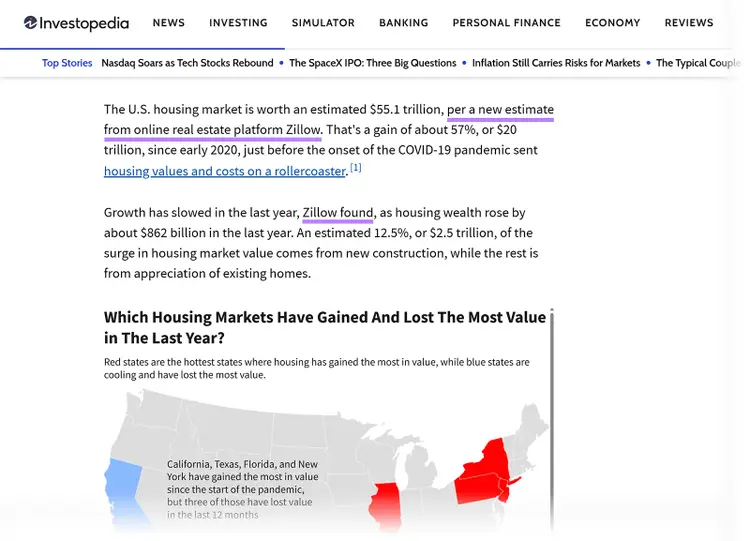 Investopedia article citing Zillow data about U.S. housing market value
