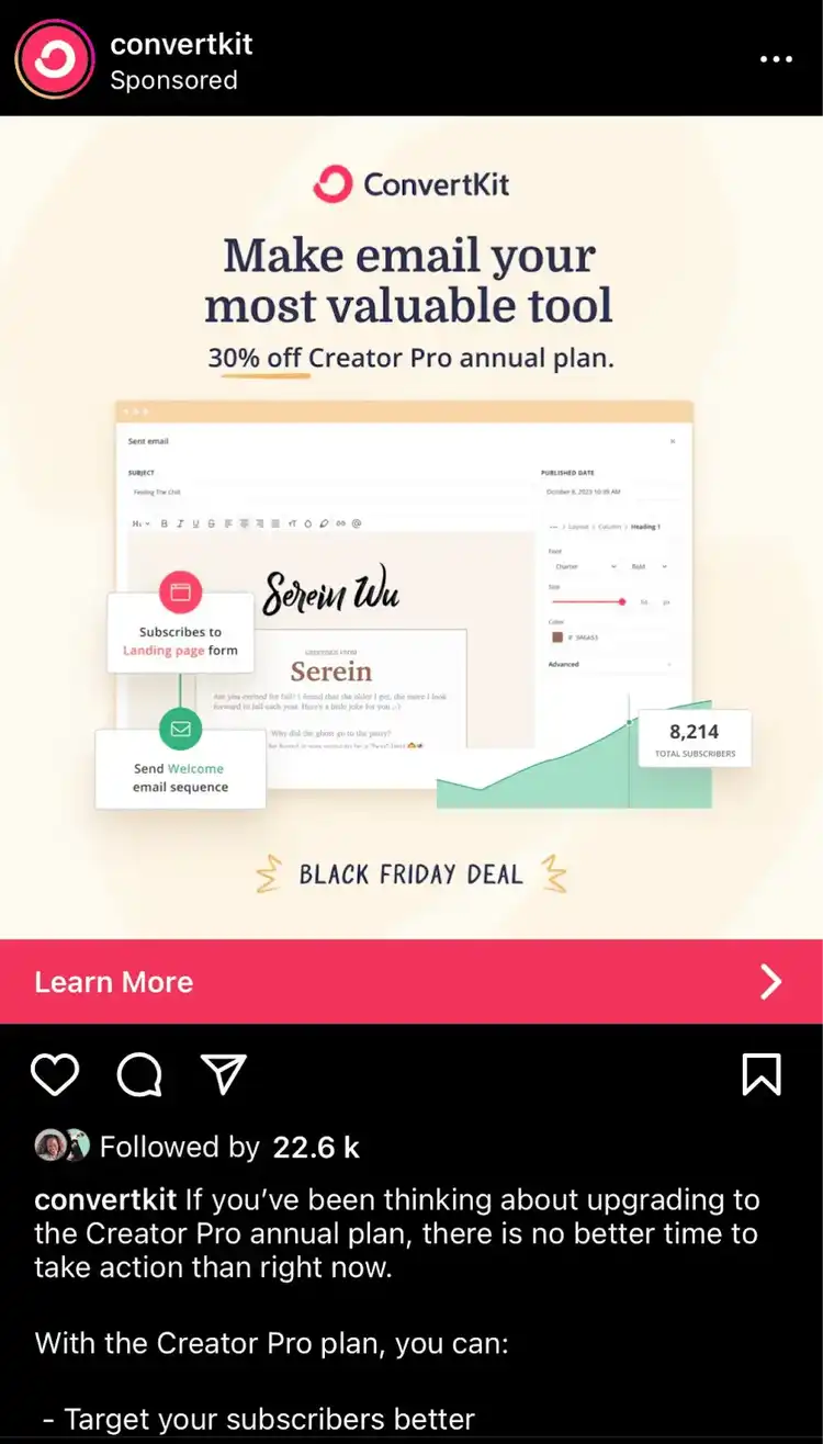 An Instagram ad promoting ConvertKit