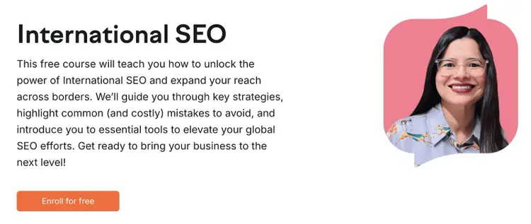 International SEO course card with instructor photo and course description