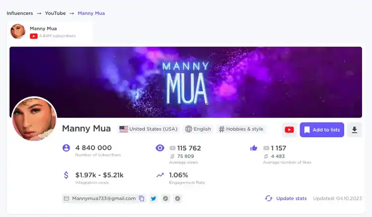 Influencer profile for Manny Mua showing 4.84M subscribers and engagement metrics