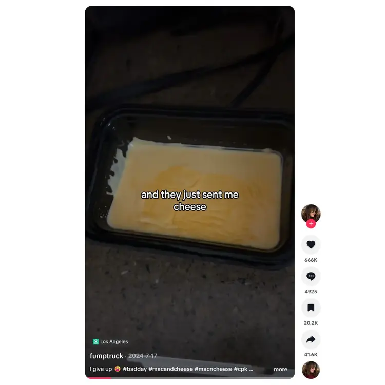 Viral TikTok video showing a mac and cheese order with only melted cheese and no noodles