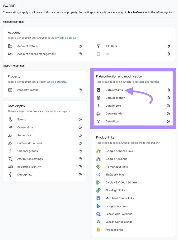 “Data streams" selected under “Data collection and modification" section in Google Analytics Admin