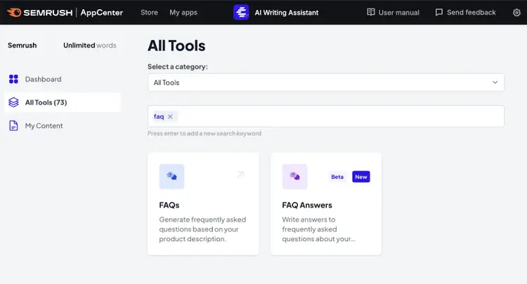 FAQ questions and answer tools in AI Writing Assistant