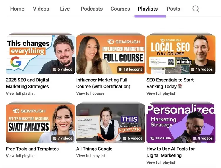 The "Playlists" tab showing videos categorized by topic on Semrush's YouTube channel.