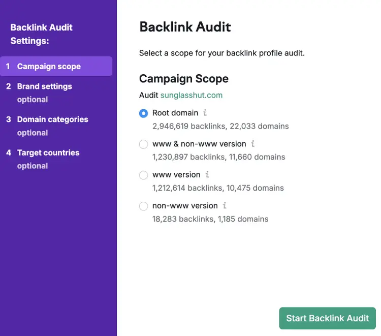 Semrush Backlink Audit configuration for root domain selection