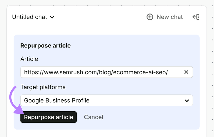 Semrush Content Toolkit form for repurposing an article as a Google Business Profile post