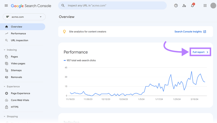 Performance overview page in Google Search Console