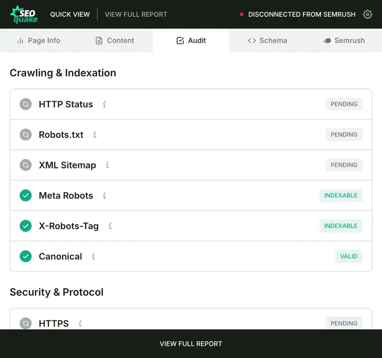 SEOquake audit tab
