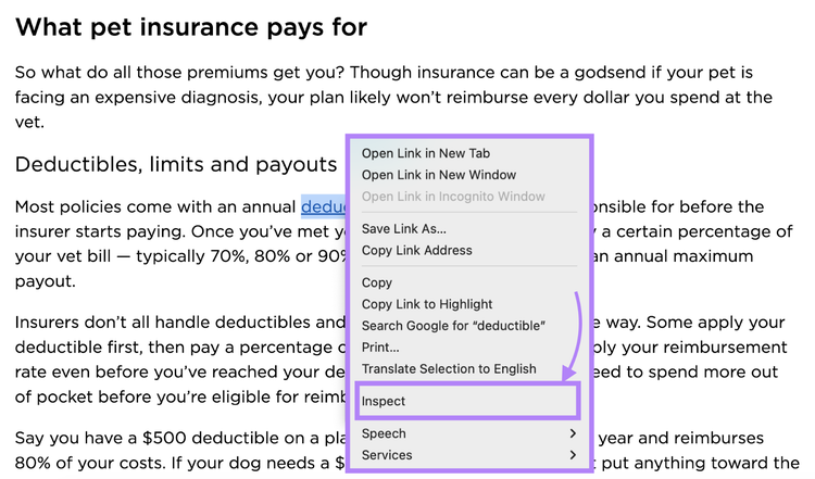 inspect option highlighted from right-click menu
