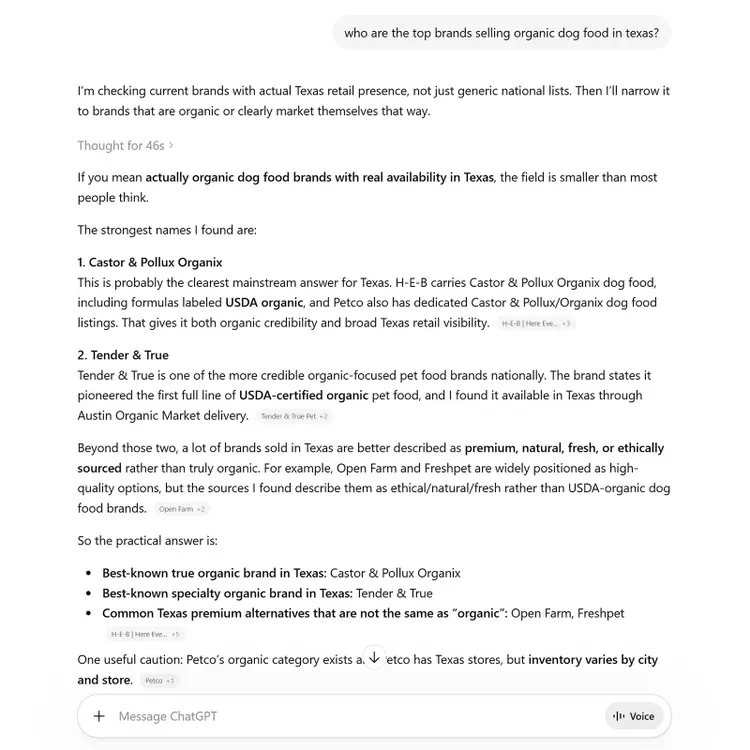 ChatGPT response listing organic dog food brands available in Texas with explanation and examples
